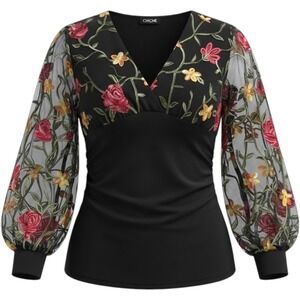 Floral Embroidered Mesh Balloon Sleeve Blouse Womens XL Black‎ Ruched V Neck Top